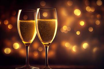 2 champagne glasses with a blurred golden bokeh lights