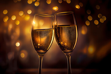 New year background, 2 champagne glasses with a blurred golden bokeh lights