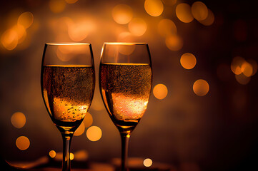 2 champagne glasses with a blurred golden bokeh lights in background