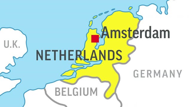 Netherlands Map. Zoom on World Map. 4k Video Footage. Motion Graphics