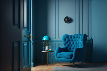 Living room with blue walls and a blue chair, Generative AI