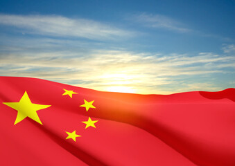 The flag of the Peoples Republic of China on background of sunset. Background for National Holidays. EPS10 vector