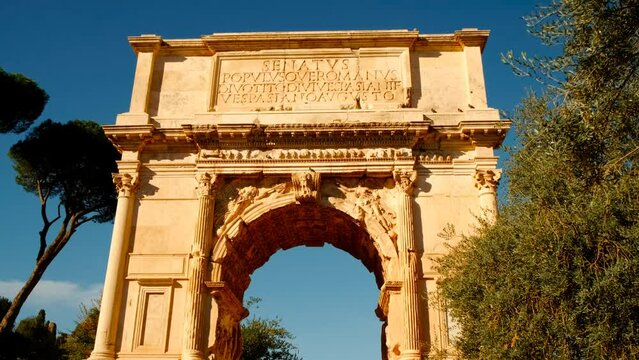The Arch of Titus in Rome, Italy. Built in 81 AD to celebrate the victories of Emperor Titus the arch depicts Roman military triumphs