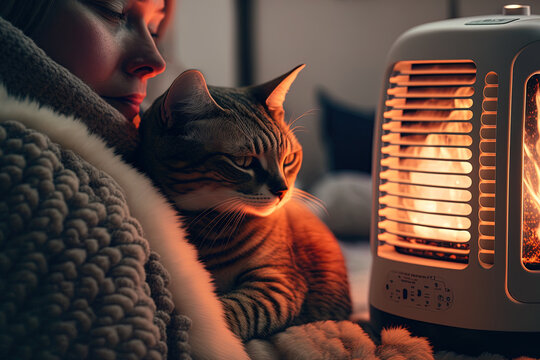 Woman At Home With Cat, Close Up Of Electric Halogen Heater. Generative AI