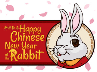 Wise Rabbit Portrait and Greeting Celebrating Chinese New Year, Vector Illustration