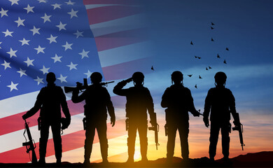 Silhouette of army soldier with USA flag. Greeting card for Veterans Day, Memorial Day, Independence Day. Armed Force concept. EPS10 vector