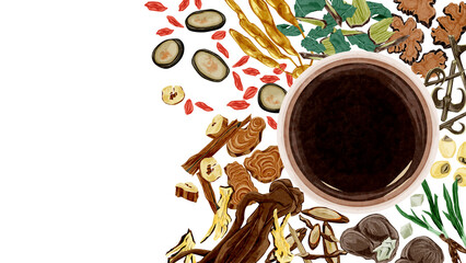 テーブルに並べられた漢方生薬手書き水彩風イラスト