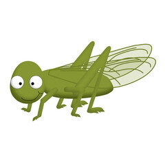 Small funny green grasshopper with stripes big eyes and smile
