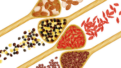 木製スプーンに乗せた漢方生薬手描き水彩風イラスト