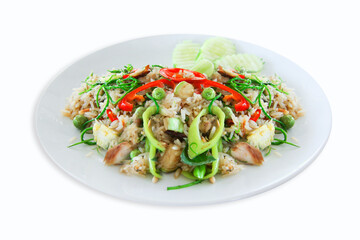 Fried rice herb fish is a local food of Thailand on white dish, isolate 
