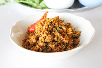 Southern Stir-Fried Pork with Yellow Curry Paste  (Thai name Kua Kling) Thai food and selective...