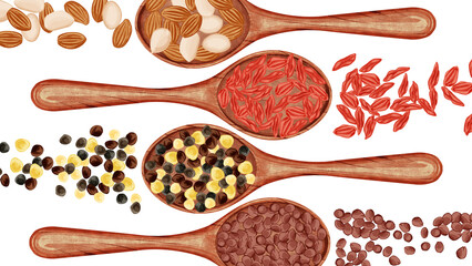 木製スプーンに乗せた漢方生薬手描き水彩風イラスト