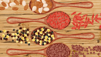 木製スプーンに乗せた漢方生薬手描き水彩風イラスト