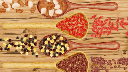 木製スプーンに乗せた漢方生薬手描き水彩風イラスト