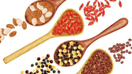 木製スプーンに乗せた漢方生薬手描き水彩風イラスト