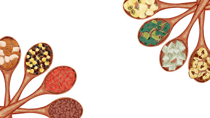 木製スプーンに乗せた漢方生薬手描き水彩風イラスト