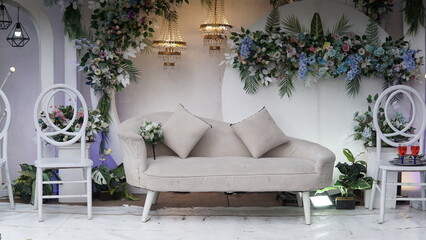 wedding background with flowers. Wedding event venue concept with flowers. New concept wedding decoration. Flower Concept Wedding Decoration Ideas : Pasuruan, Indonesia - January 1, 2023