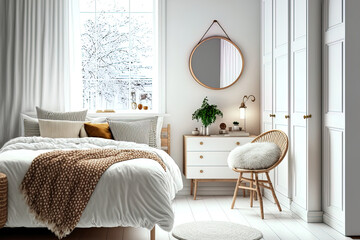 White room in the Scandinavian style with a cabinet, an armchair, a round mirror on the wall, and a wooden bed with pillows and a blanket. Actual image. Generative AI