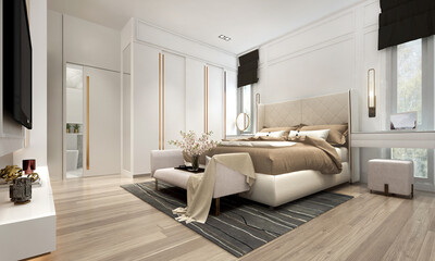 3D rendering interior design and bedroom and walk in closet area and empty wall background - obrazy, fototapety, plakaty