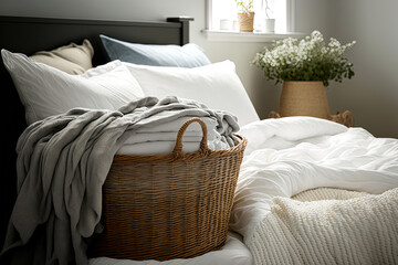 A vertical view of a wicker basket filled with fresh sheets. Cozy bedroom equipped with white sheets, a cotton pillow, linens, and a duvet that are ready for laundry. household items displayed in a co