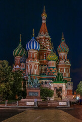 Night view of the domes of the Saint Basil's Cathedral on Red Square in Moscow, Russia