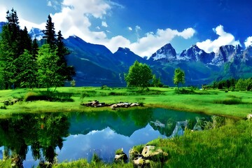A scenic landscape with a shimmering lake surrounded by green grass and flowers, large trees, and  one high mountain, sunshine nobody, no people, created by generative ai technology