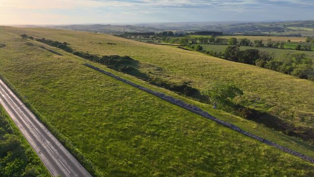 Black Carts Turret aerial view on Hadrian's Wall ruin near village of Chollerford in town of Hexham in England, UK. 