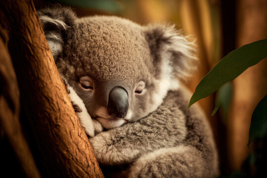 Cute Baby Koala Bear Sleeping under a Eucalyptus Tree in Queensland, Australia. Sweet Sleepy Koala. Generative AI