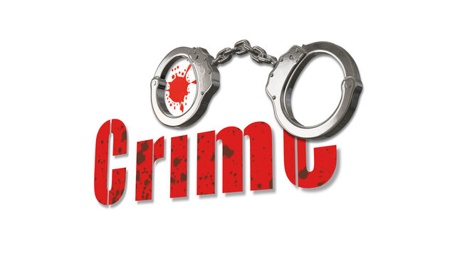 Handcuffs with crime written on white background and red blood splatter