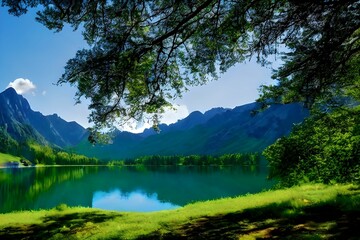 Fototapeta na wymiar A scenic landscape with a shimmering lake surrounded by green grass and flowers, large trees, and one high mountain, sunshine nobody, no people, created by generative ai technology