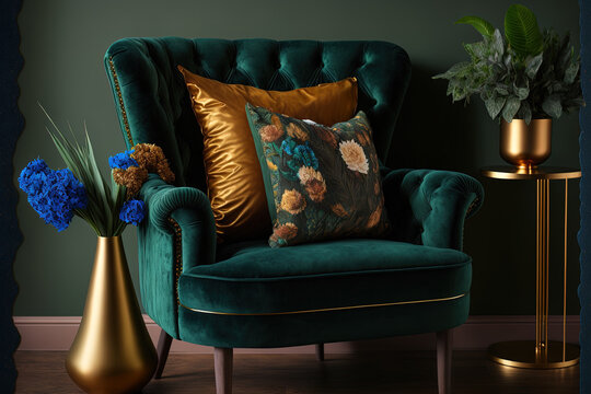 In a green living room with flowers in a gold vase, a blue recliner with a brown cushion is displayed. real picture. Generative AI