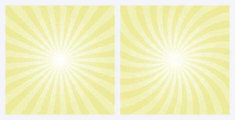 Light Yellow rays background. Abstract sunburst pattern background set. Radial and swirl retro style ray background. Pop art style backdrop with radial and spiral rays.