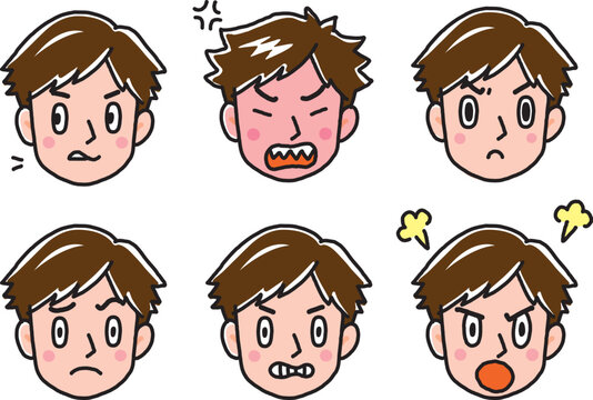怒っている茶髪の男性の顔いろいろ
