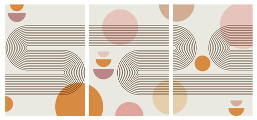 Vector wall art poster set, boho elements for home decor, print, Abstract art background, Arches abstract posters. Boho home decor of circles and lines in pastel colors. Rainbow wall art illustrations © Penatic Studio