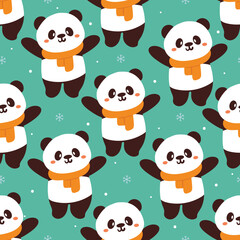 seamless pattern cartoon panda in winter day. cute animal wallpaper for textile, gift wrap paper