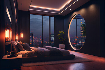 Luxury penthouse bedroom at night. Luxurious and classy interior. Generative AI. - obrazy, fototapety, plakaty