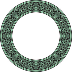 Vector green round oriental ornament. Arabic patterned circle of Iran, Iraq, Turkey, Syria. Persian frame, border..