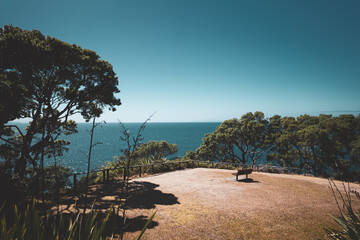 empty bench on a cliff by the ocean on a sunny day