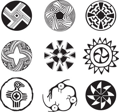 Vector monochrome set of native american symbols. Pattern totem of the peoples of Central and South America, Aztecs, Maya, Incas