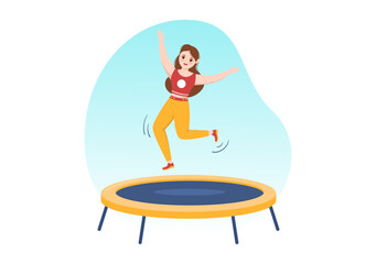 Trampoline Illustration with Youth Jumping On a Trampolines in Hand Drawn Flat Cartoon Summer Outdoor Activity Background Template