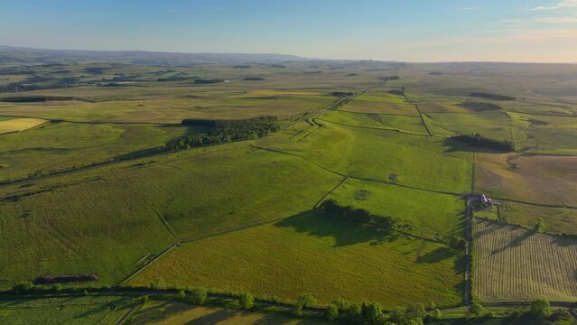 Black Carts Turret aerial view on Hadrian's Wall ruin near village of Chollerford in town of Hexham in England, UK. 