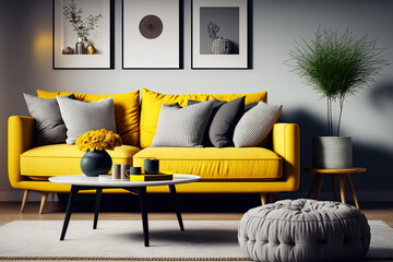Stylish interior design for living room with cozy sofa. Generative AI