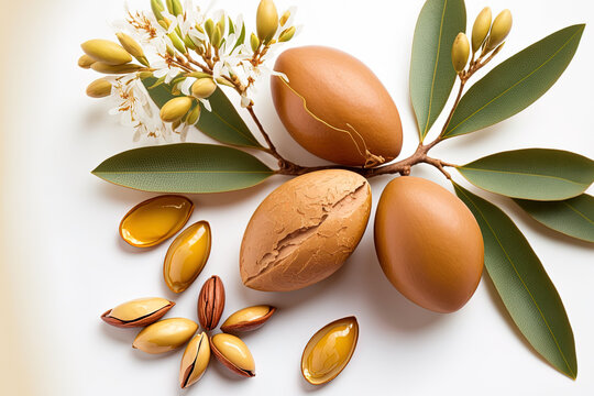 Argan seeds isolated against a backdrop of white banners. Nuts and plants containing argan oil. Background in natural oils and cosmetics. Generative AI