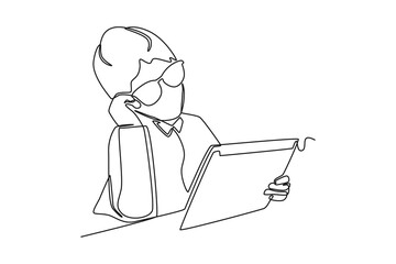 Single one line drawing girl with glasses looking at her tablet which shows the line graph ups and downs of sales. Sales Concept. Continuous line draw design graphic vector illustration.