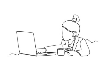 Single one line drawing cheerful girl use a laptop to observe and analyze regional as well as global cosmetics market trends. Marketing Concept. Continuous line draw design graphic vector illustration