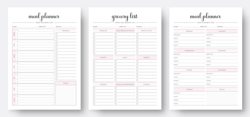 Weekly Meal Planner and Grocery List. Printable Meal Planner and Shopping List. Printable grocery list. Weakly Meal Tracker. Organizer & Schedule Planner. Set of Planners. Vector.