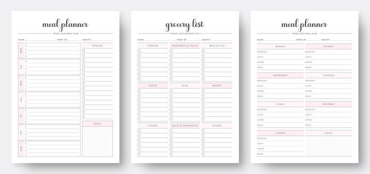 Weekly Meal Planner and Grocery List. Printable Meal Planner and Shopping List. Printable grocery list. Weakly Meal Tracker. Organizer & Schedule Planner. Set of Planners. Vector.