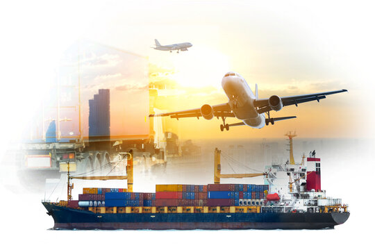 Transport of cargo planes and container ships. industrial logistics business import and export Global business and transportation concept modern city background