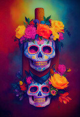 A colourful Traditional Calavera, sugar skull decorated with flowers for "dia de los muertos", "Day of the dead".