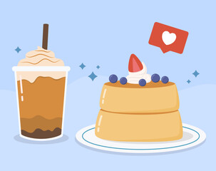 Illustration of delicious fluffy souffle pancake with strawberry blueberry topping and a cup of milkshake vector design
